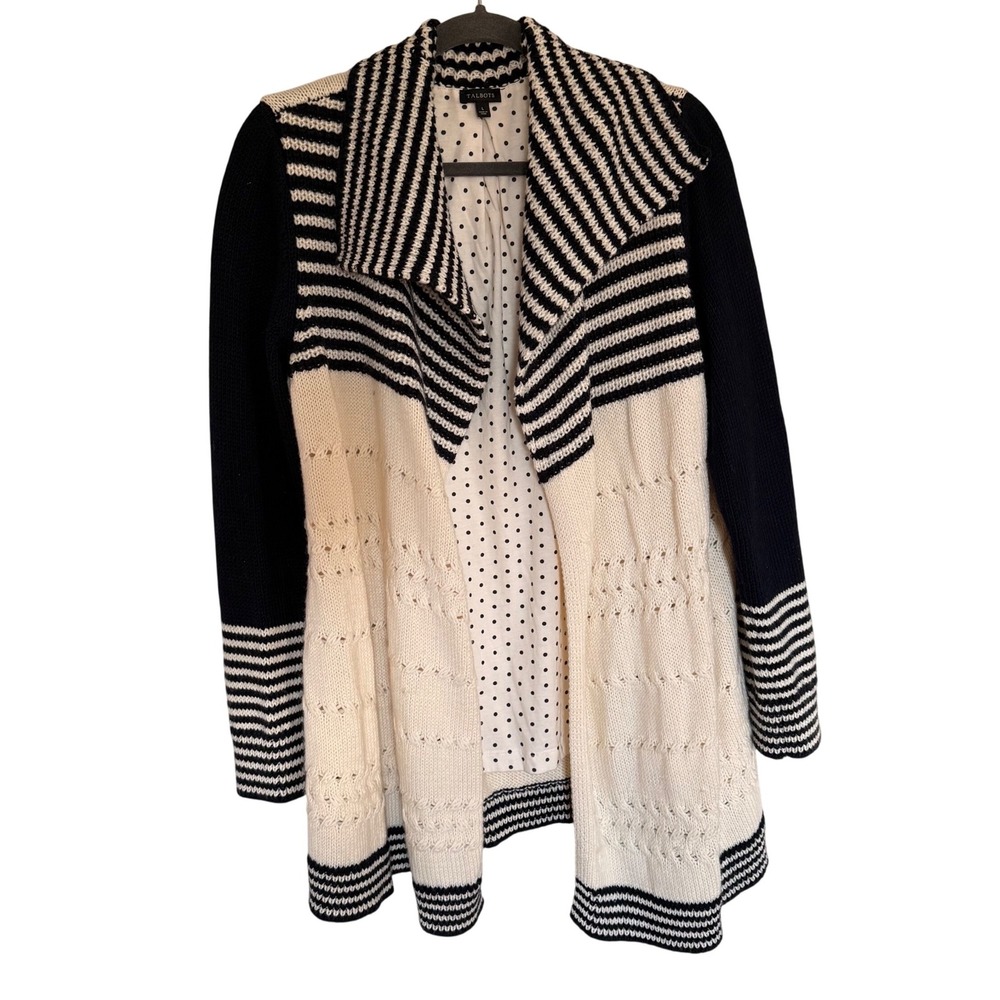 Talbots Navy Blue Cream Striped Wool‎ Blend Chunky Knit Cardigan Sweater Large